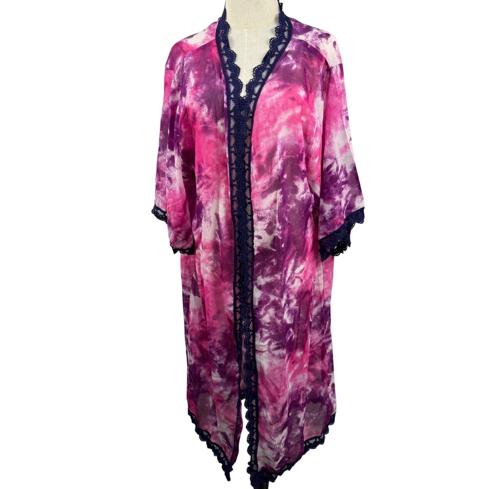 Oversized M Kimono Cardigan Pink‎ Purple Tie Dye Lace Trim Boho Artsy Beach NWT